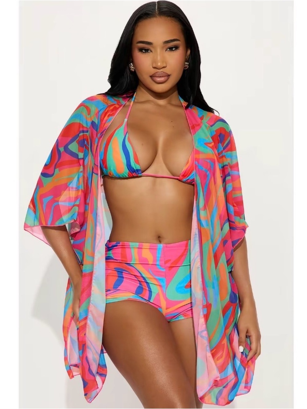 Fashion Nova Neon Swirl Multicolor Bikini Set with Cover-Up